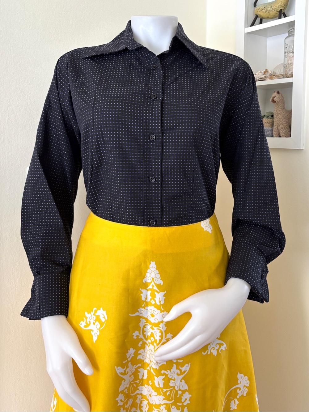 English Country Classics black with purple polka dots long sleeve button shirt